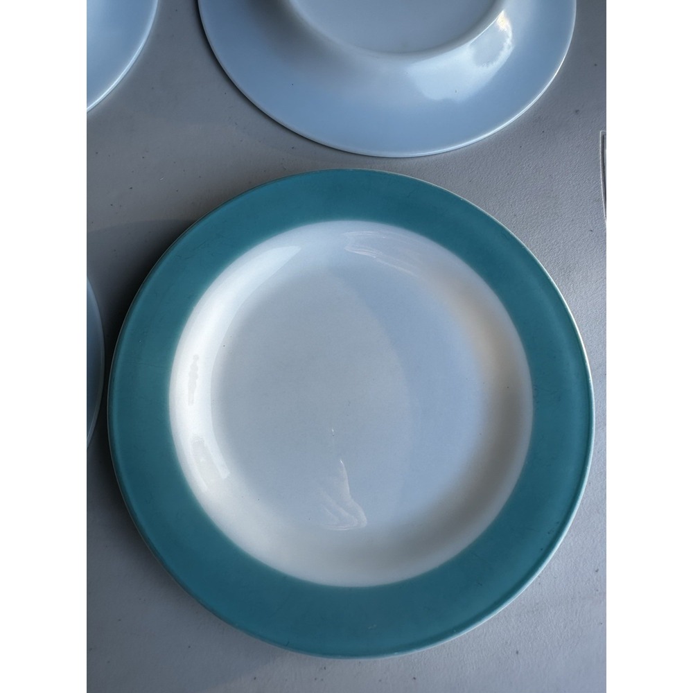 Vintage 1950's Pyrex Milk Glass & Turquoise Blue Band 10" Dinner Plate Set of 7 - Picture 6 of 6